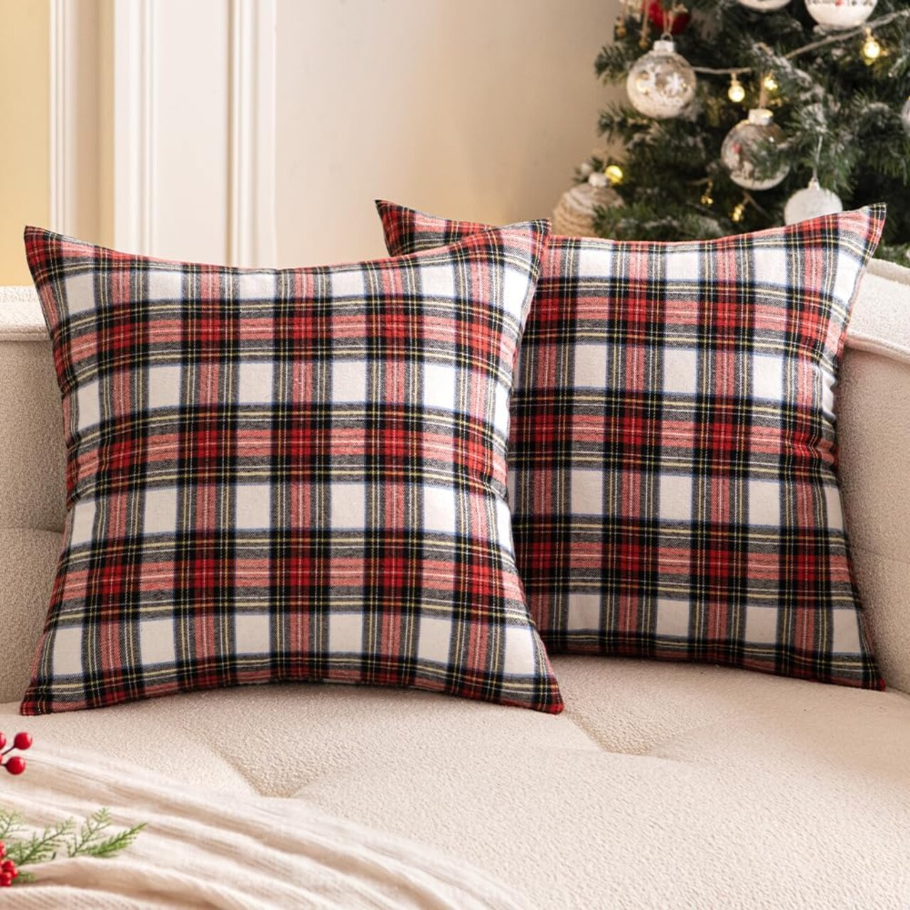 Christmas Set of 2 Scottish Tartan Throw Pillow Covers Farmhouse Classic Plaid Decorative Couch Pillows Home Decor for Sofa Living Room Bed 18x18 Inch, Red and White